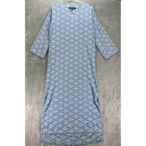 The J. Peterman Shift Dress Womens XS Blue Eyelet Embroidered Floral Side Slit
